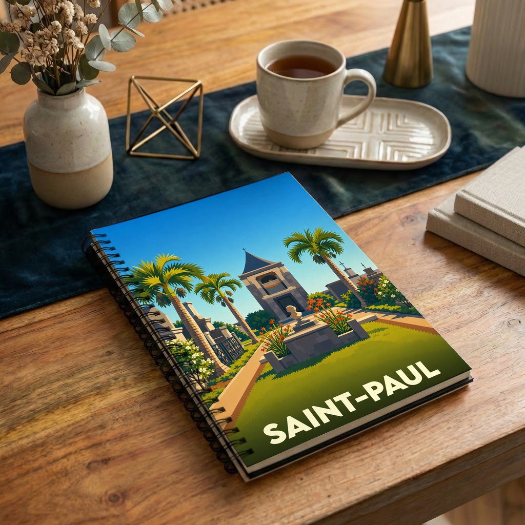 Carnet de notes à spirales souvenir de la ville de Saint-Paul avec une illustration stylisée d'un paysage tropical.