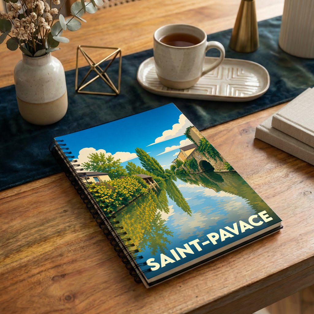 Carnet souvenir de la ville de Saint-Pavace avec une illustration stylisée d'un paysage au bord de l'eau.