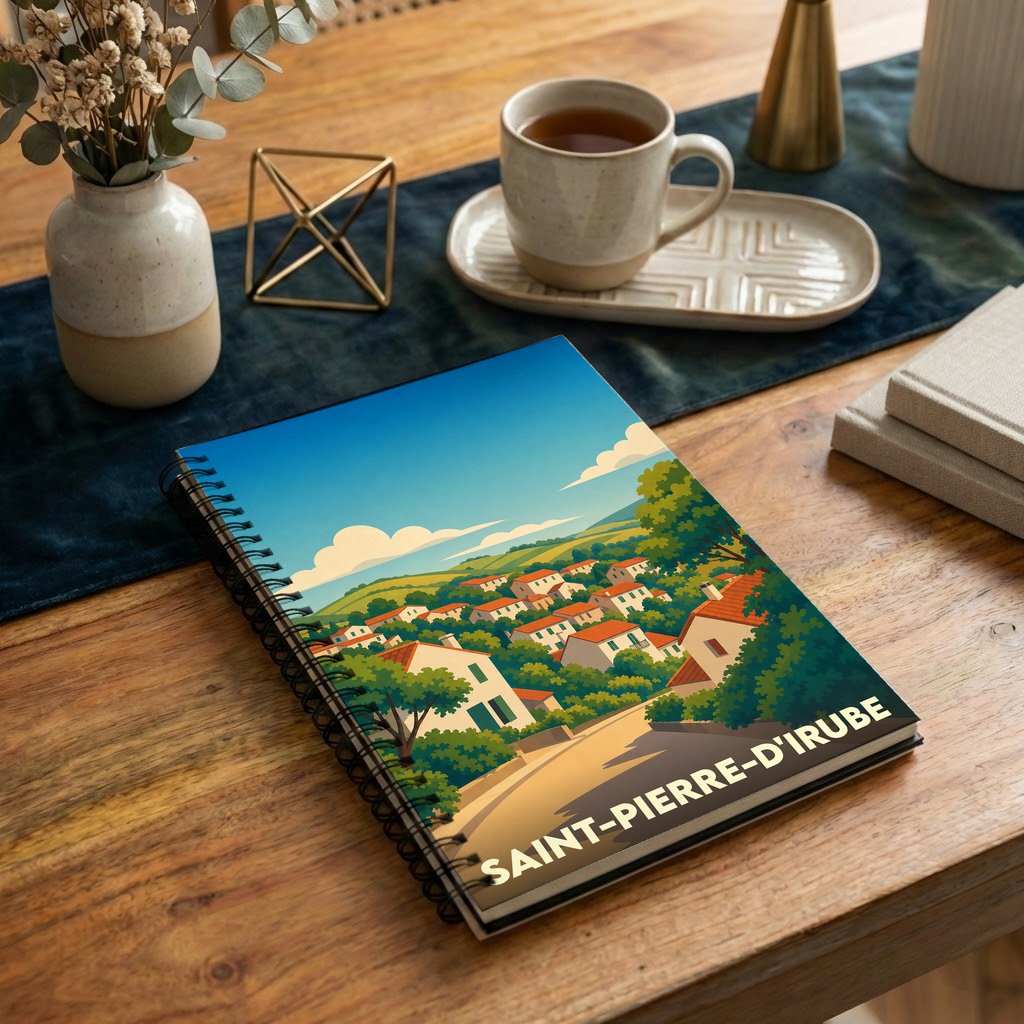 Carnet à spirales souvenir de Saint-Pierre-d'Irube avec une illustration stylisée d'un village basque.