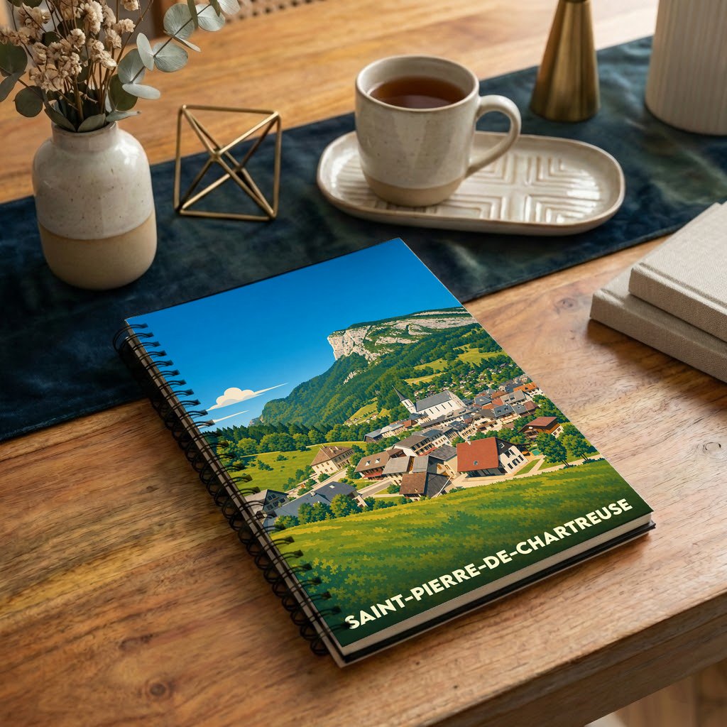 Carnet à spirale souvenir de Saint-Pierre-de-Chartreuse avec une illustration stylisée du village et de ses montagnes.