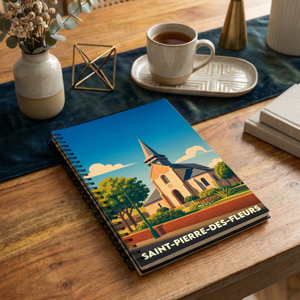 Carnet à spirale souvenir de la ville de Saint-Pierre-des-Fleurs avec une illustration stylisée de son église.