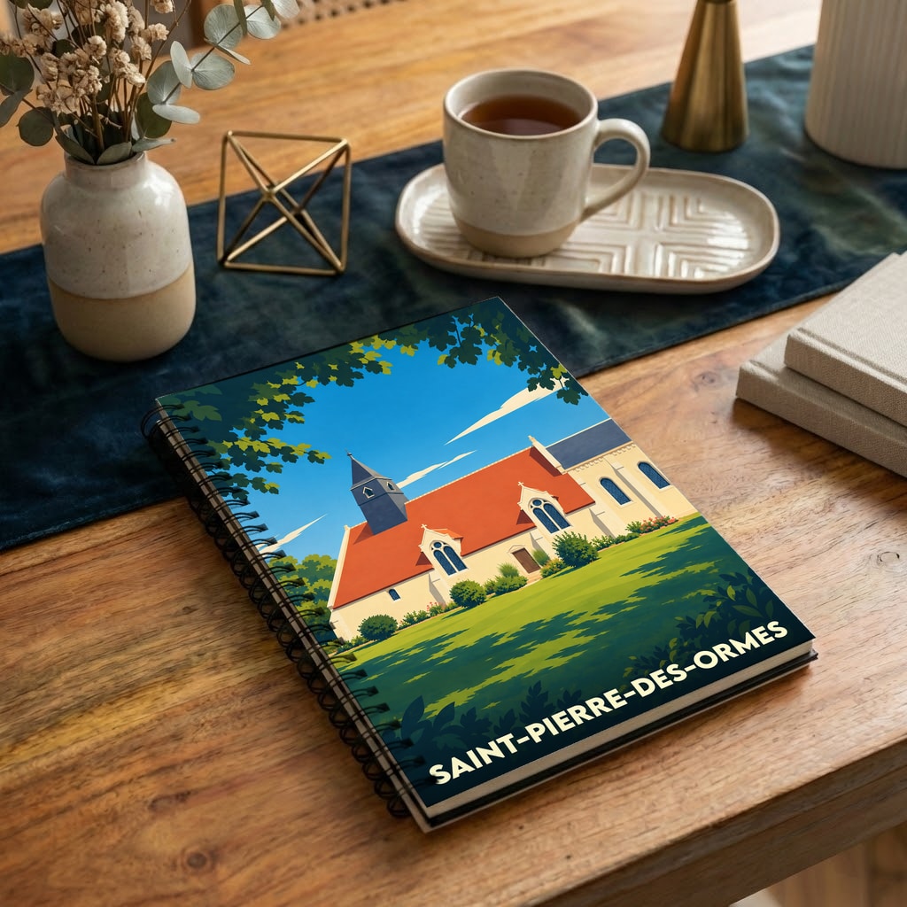 Carnet à spirales souvenir de la ville de Saint-Pierre-des-Ormes avec une illustration stylisée de son église.