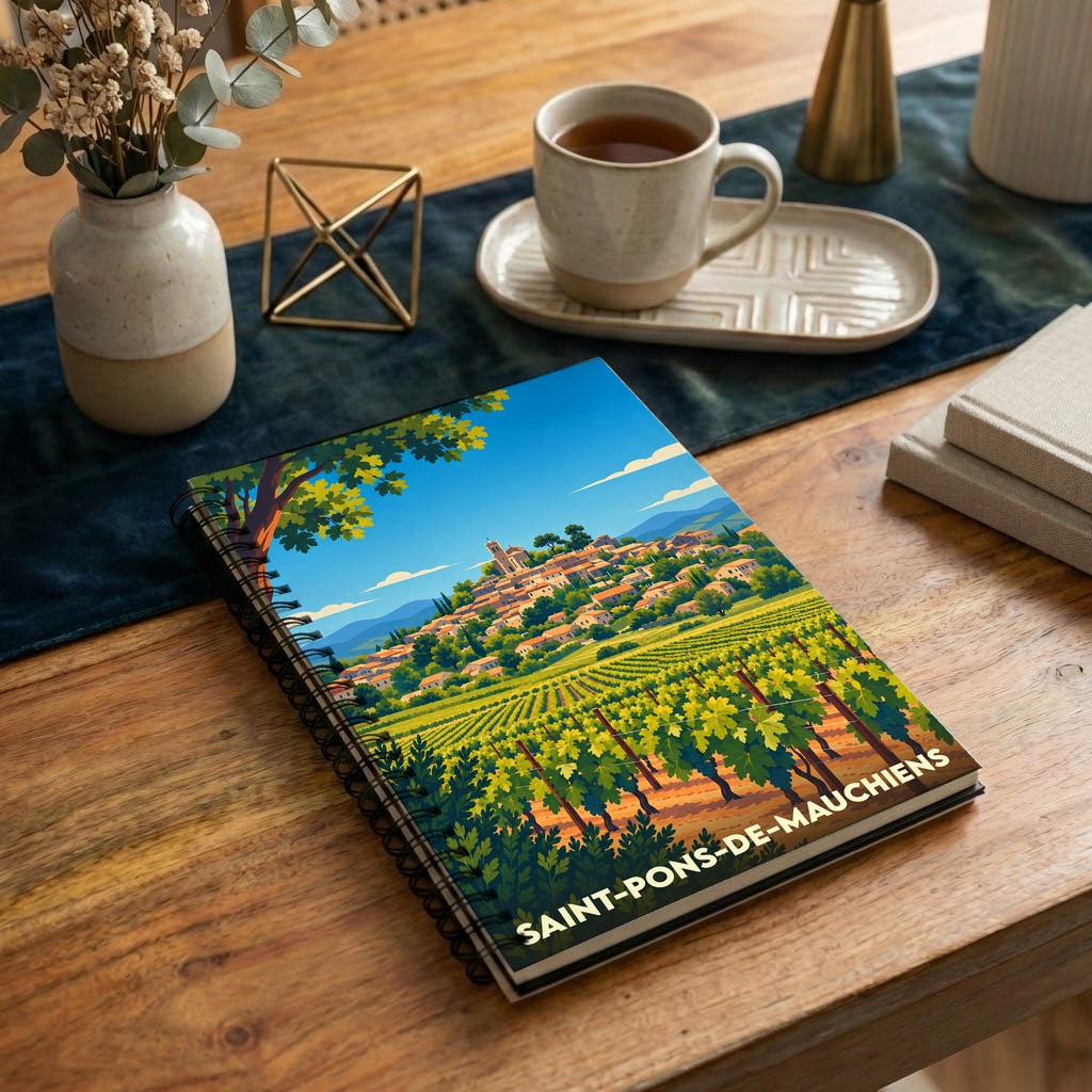 Carnet à spirales souvenir de la ville de Saint-Pons-de-Mauchiens avec une illustration stylisée de son village et de ses vignobles.