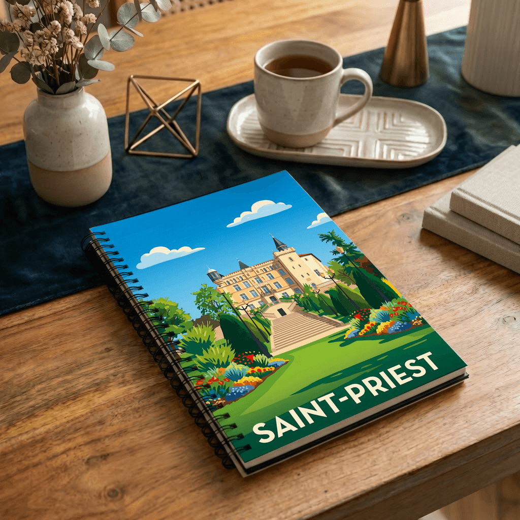 Carnet à spirales souvenir de la ville de Saint-Priest avec une illustration stylisée de son château.