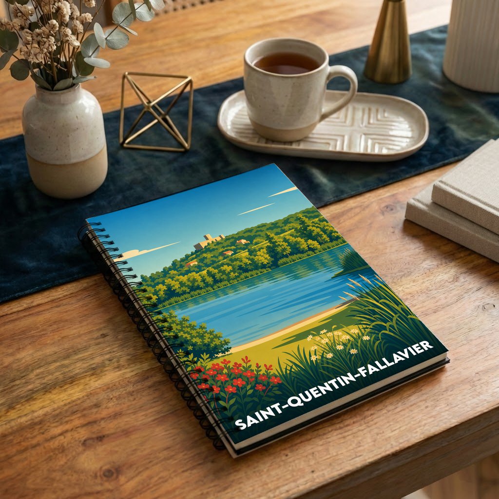 Carnet souvenir de la ville de Saint-Quentin-Fallavier avec une illustration stylisée d'un paysage naturel.