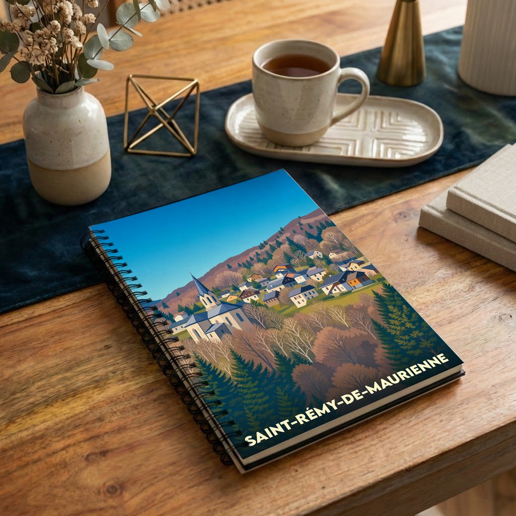 Carnet de notes avec une illustration stylisée de la ville de Saint-Rémy-de-Maurienne.