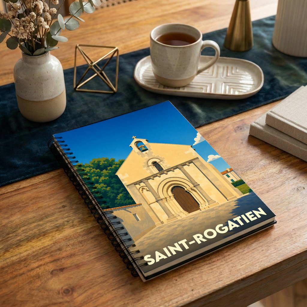 Carnet souvenir de la ville de Saint-Rogatien avec une illustration stylisée de son église.