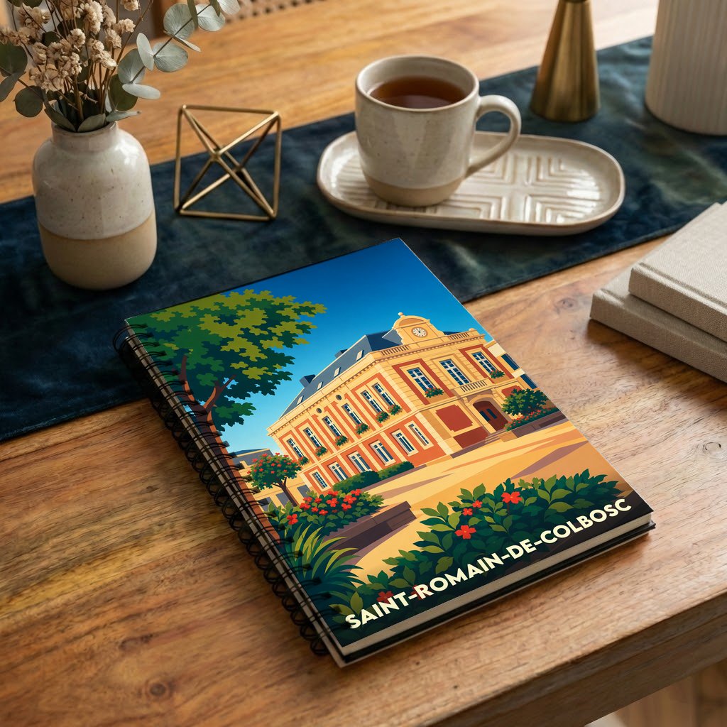 Carnet à spirales souvenir de la ville de Saint-Romain-de-Colbosc avec une illustration stylisée de son hôtel de ville.
