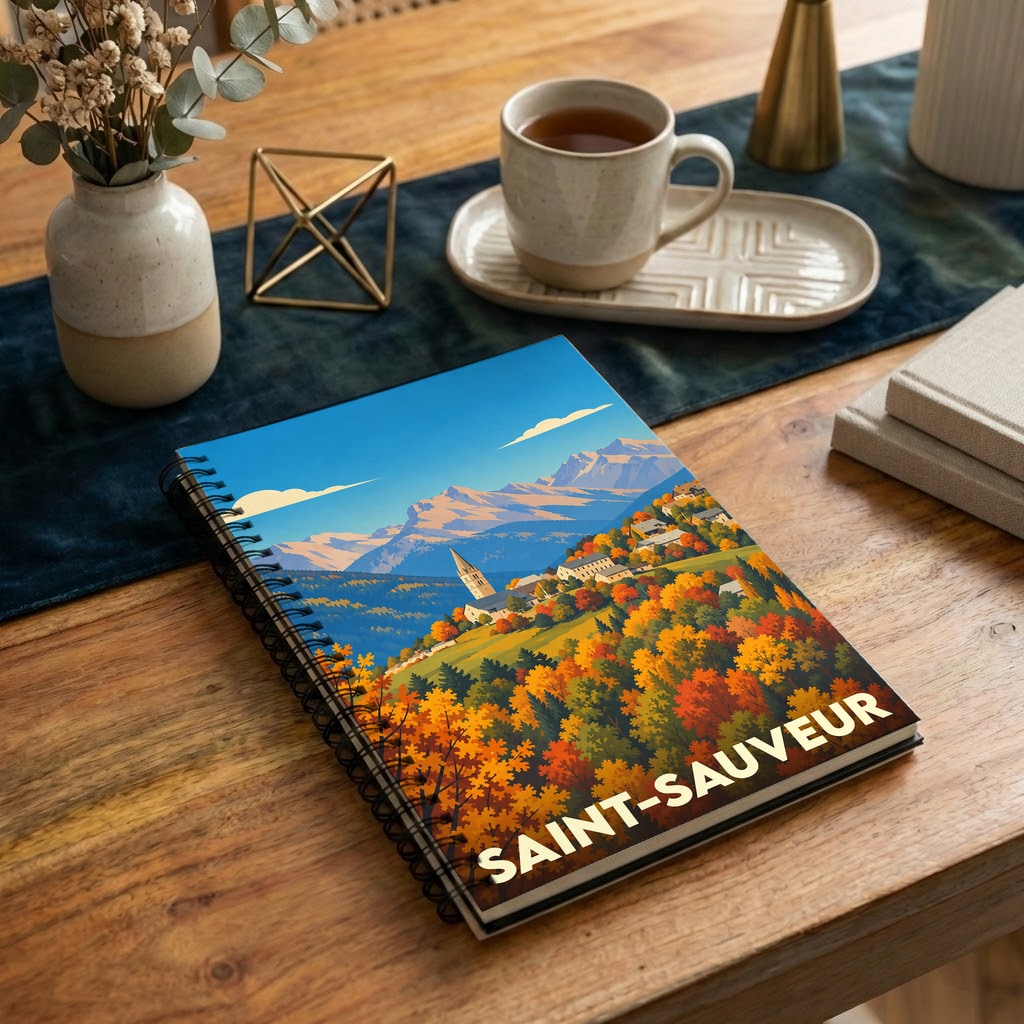 Carnet à spirale souvenir de la ville de Saint-Sauveur avec une illustration stylisée de montagnes et de forêts en automne.
