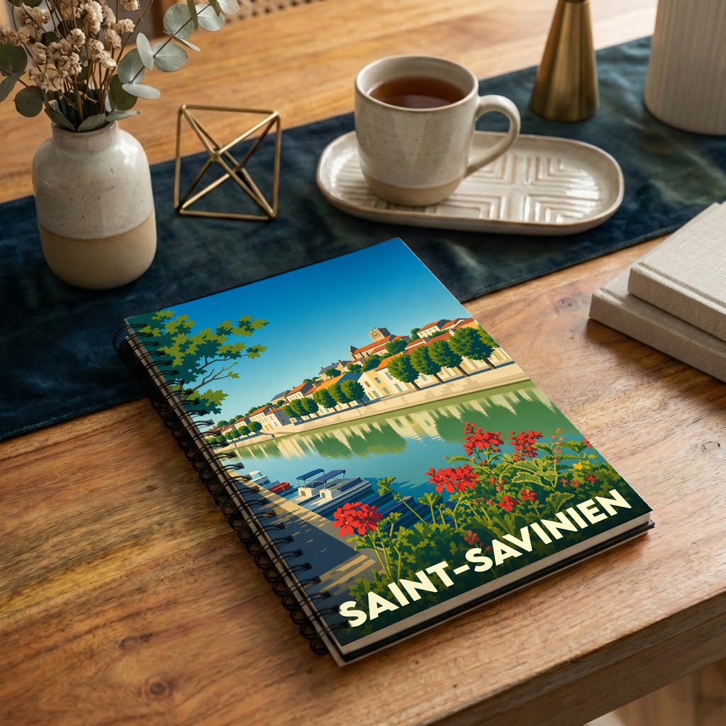 Carnet de notes à spirales avec une illustration stylisée de la ville de Saint-Savinien en bord de rivière.