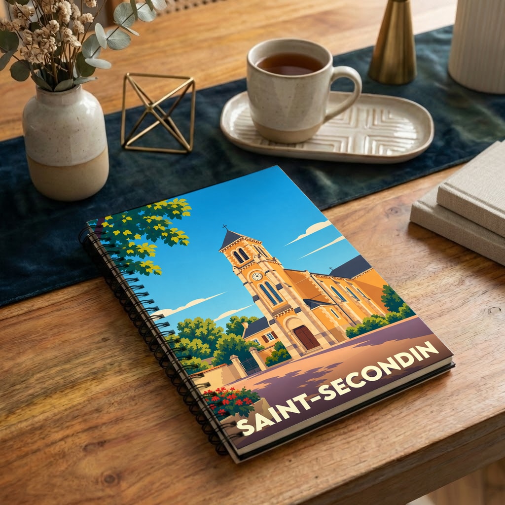 Carnet souvenir de la ville de Saint-Secondin avec une illustration stylisée de son église sous un ciel bleu.