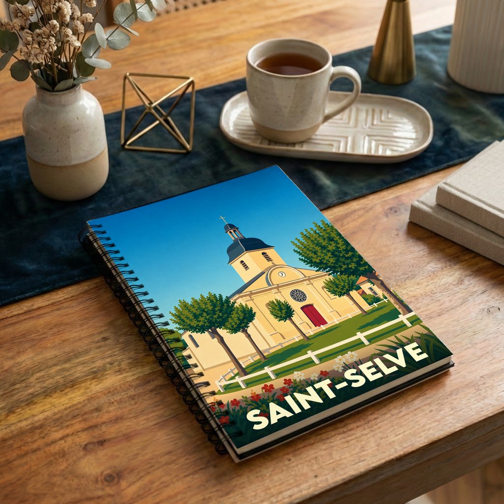 Carnet à spirales souvenir de la ville de Saint-Selve avec une illustration stylisée de son église.