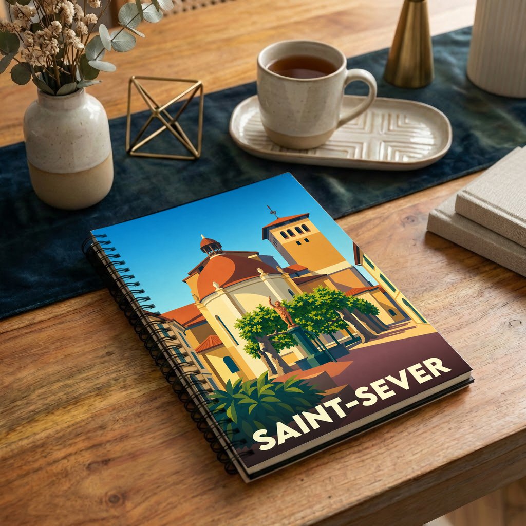 Carnet à spirale souvenir de la ville de Saint-Sever avec une illustration stylisée.