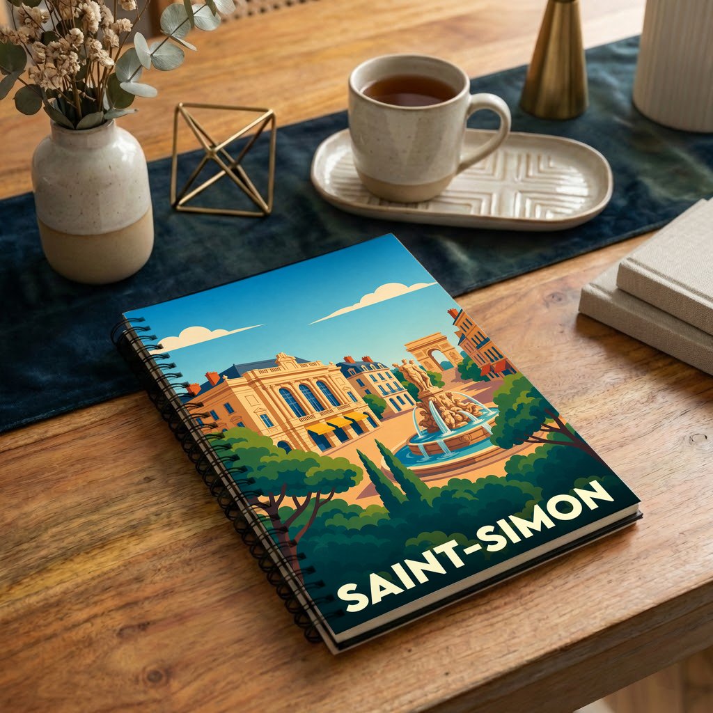 Carnet souvenir de la ville de Saint-Simon orné d'une illustration stylisée de ses monuments et jardins.