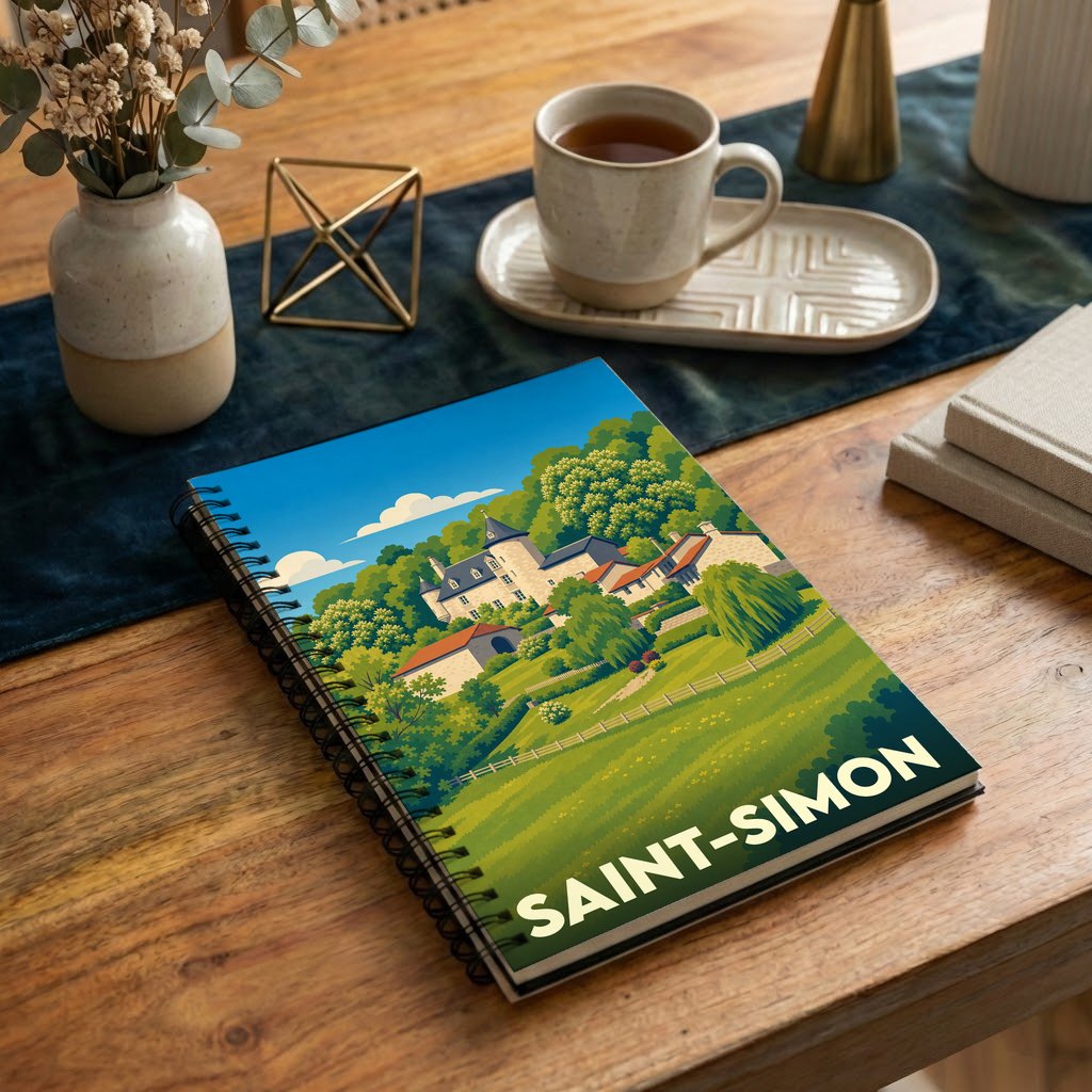 Carnet à spirales souvenir de la ville de Saint-Simon avec une illustration stylisée de son paysage et de son architecture.