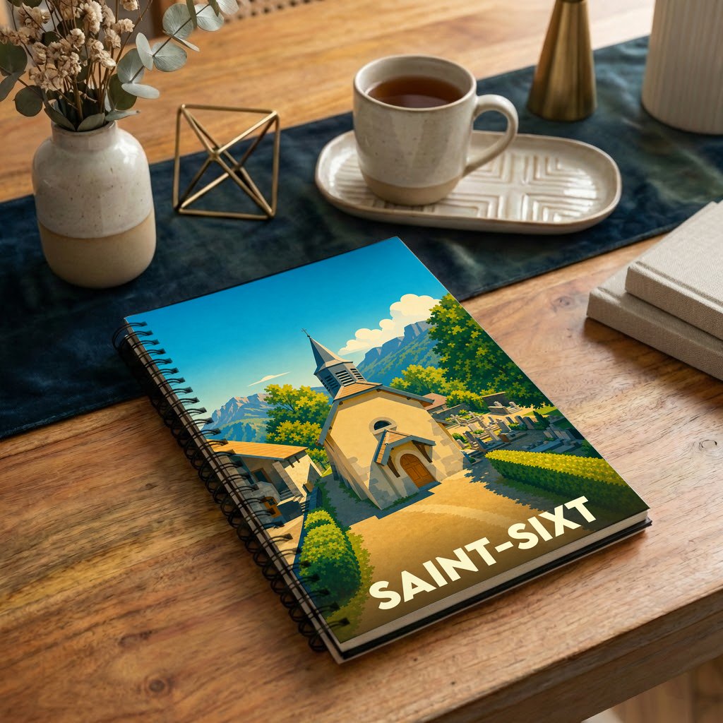 Carnet à spirales souvenir de la ville de Saint-Sixt illustré d'un dessin stylisé de son église et des montagnes.
