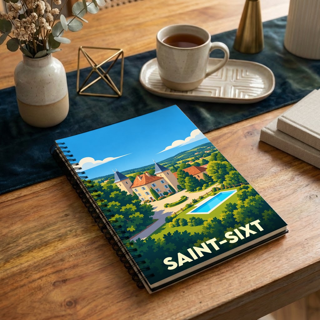 Carnet à spirales souvenir de la ville de Saint-Sixt illustré d'un paysage de château stylisé.