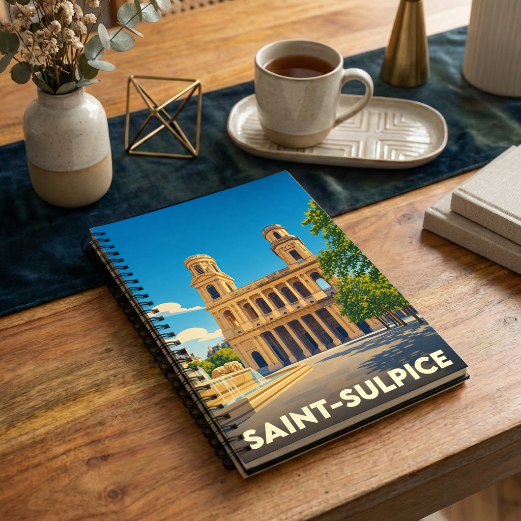 Carnet à spirales souvenir de la ville de Saint-Sulpice avec une illustration stylisée de son église.