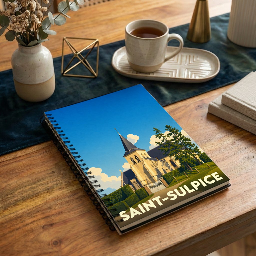 Carnet à spirales souvenir de la ville de Saint-Sulpice avec une illustration stylisée de son église.