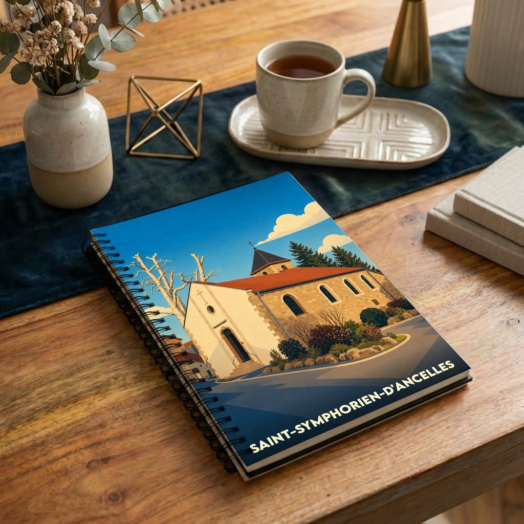 Carnet de notes souvenir de Saint-Symphorien-d'Ancelles avec une illustration stylisée de son église.