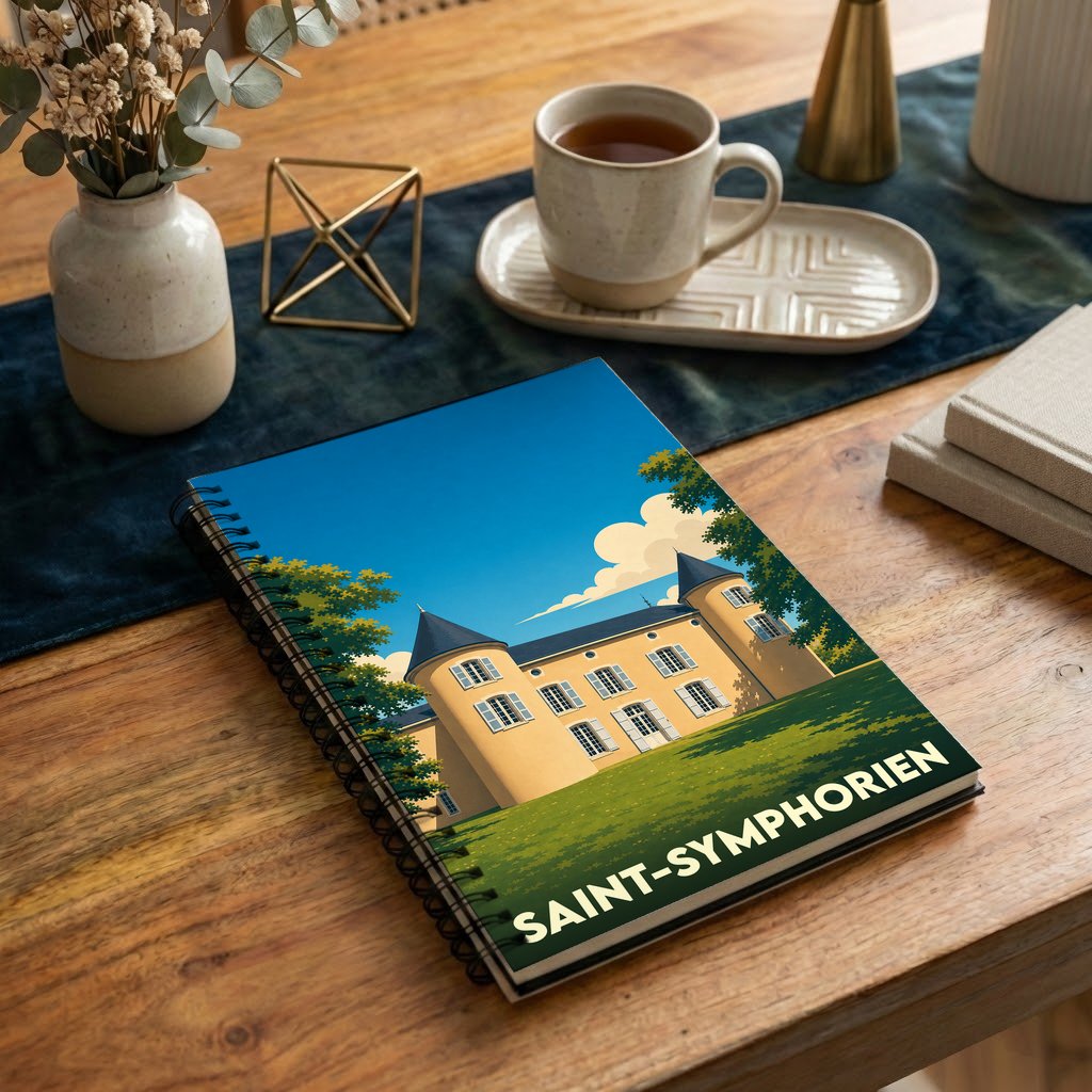 Carnet souvenir de la ville de Saint-Symphorien illustré par un château stylisé sous un ciel bleu.