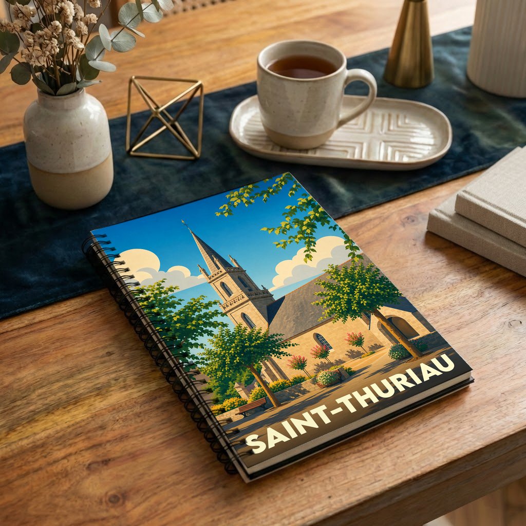 Carnet à spirales souvenir de la ville de Saint-Thuriau avec une illustration stylisée de son église.