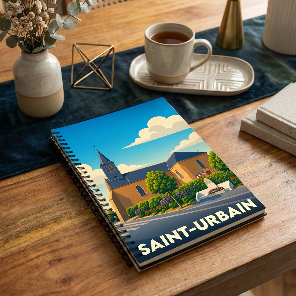 Carnet à spirales souvenir de la ville de Saint-Urbain avec une illustration stylisée de son église.