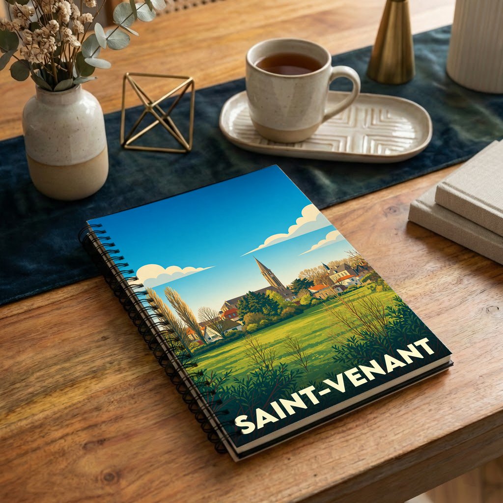 Carnet à spirales souvenir de la ville de Saint-Venant avec une illustration paysagère stylisée.