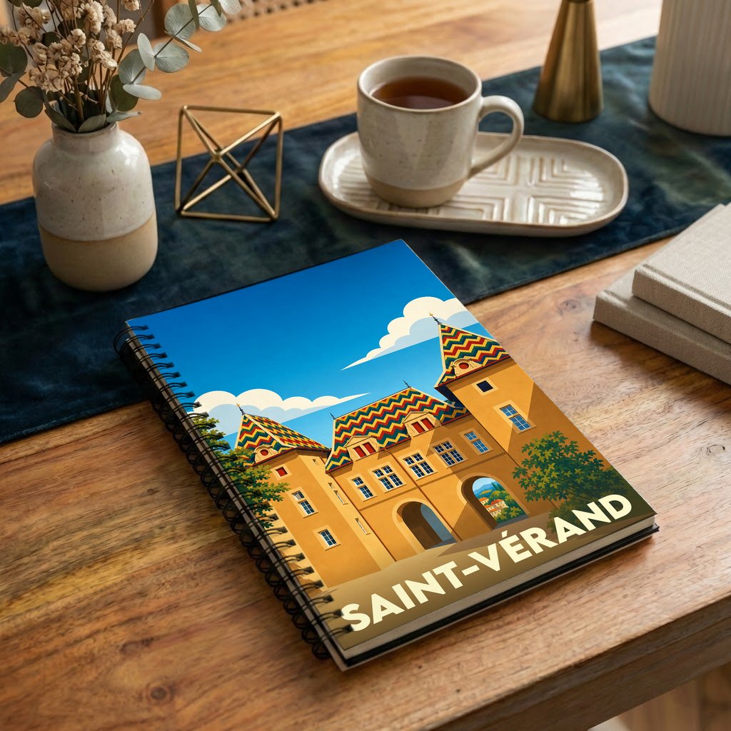 Carnet à spirales souvenir de la ville de Saint-Vérand avec une illustration stylisée d'un château.