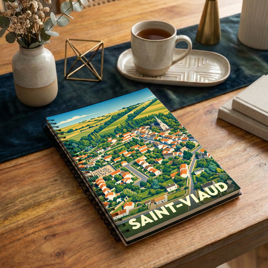 Carnet à spirales souvenir de la ville de Saint-Viaud avec une illustration aérienne et colorée.