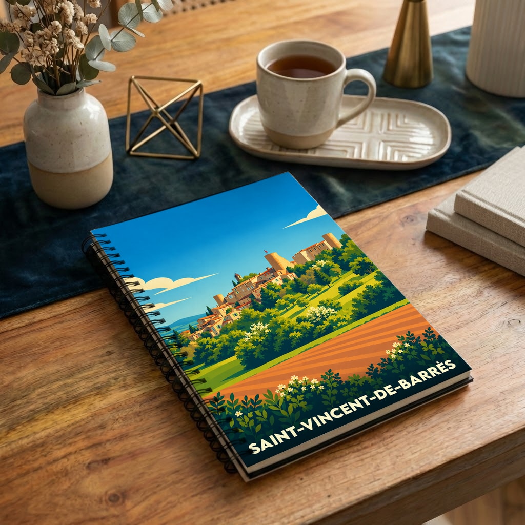 Carnet à spirales souvenir de la ville de Saint-Vincent-de-Barrès avec une illustration stylisée.