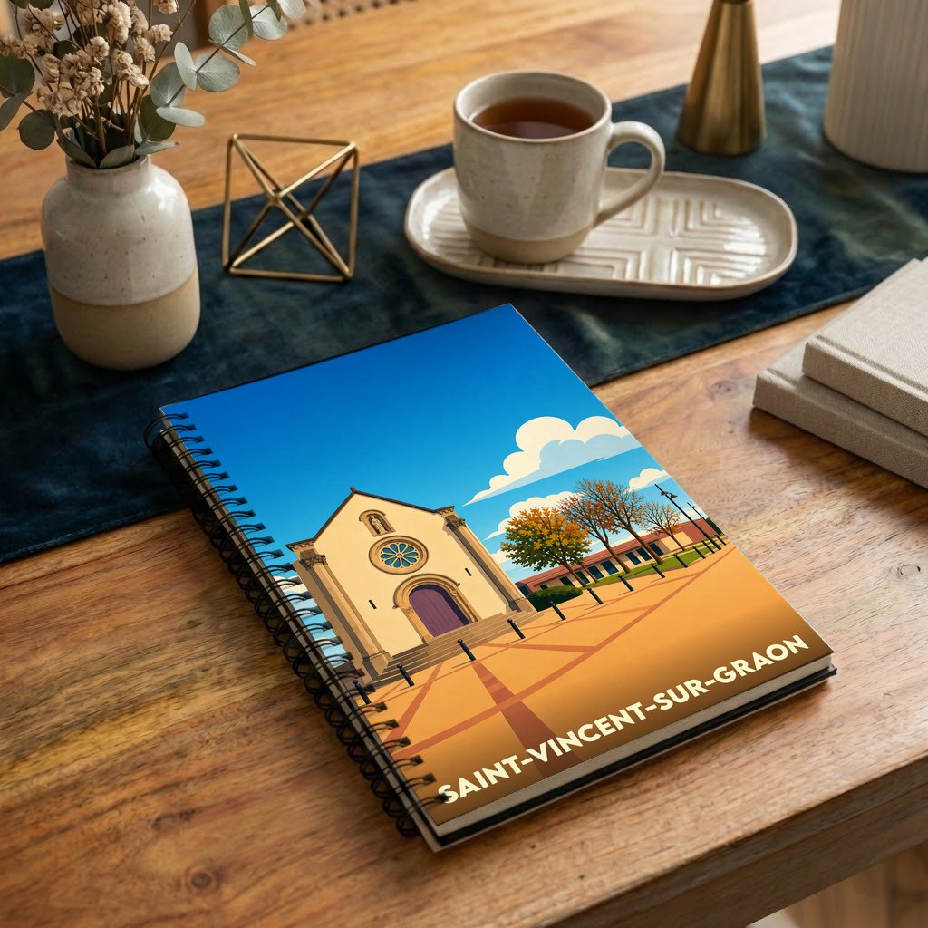 Carnet à spirales souvenir de la ville de Saint-Vincent-sur-Graon avec une illustration stylisée de son église.