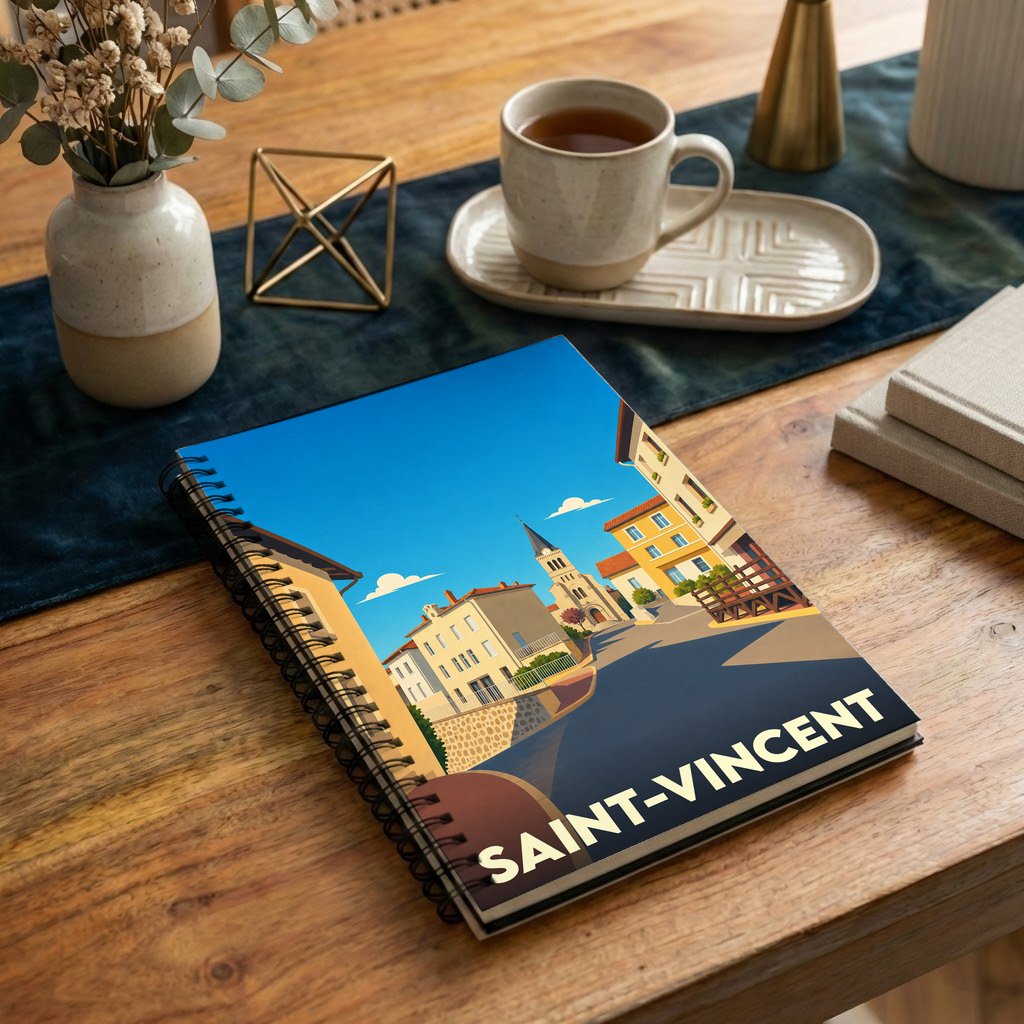 Carnet à spirales souvenir de la ville de Saint-Vincent avec une illustration stylisée et colorée.