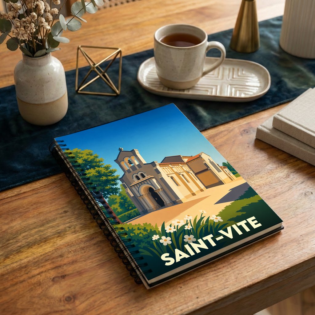 Carnet souvenir de la ville de Saint-Vite avec une illustration stylisée d'une église ensoleillée.