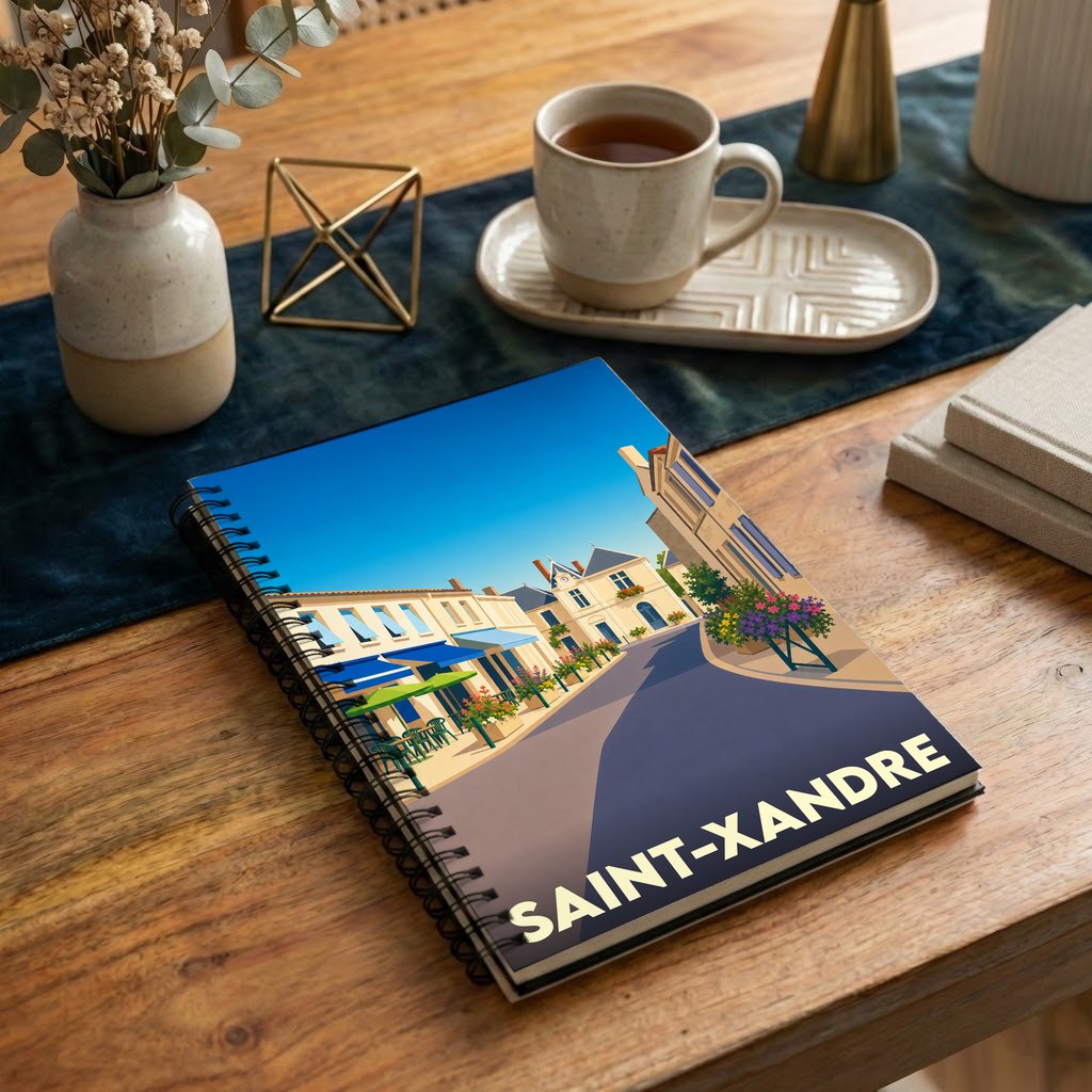 Carnet souvenir de la ville de Saint-Xandre avec une illustration stylisée d'une rue ensoleillée.