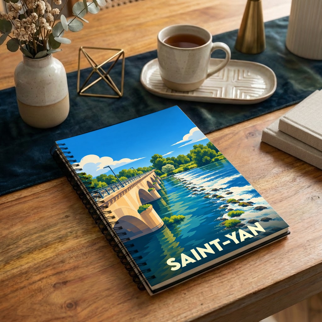 Carnet à spirales souvenir de la ville de Saint-Yan avec une illustration stylisée de son pont et de la rivière.