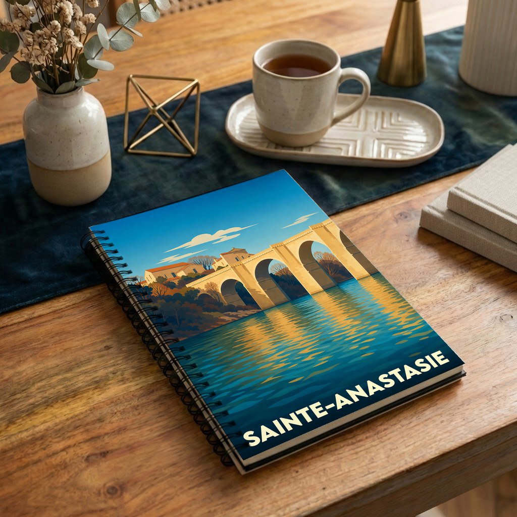 Carnet souvenir de la ville de Sainte-Anastasie avec une illustration stylisée d'un pont au-dessus de l'eau.
