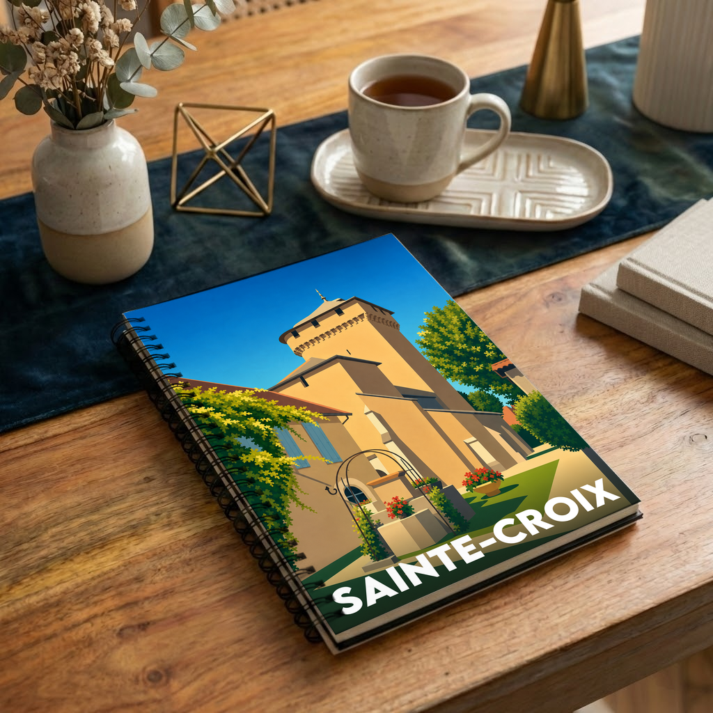 Carnet souvenir de la ville de Sainte-Croix avec une illustration graphique stylisée.
