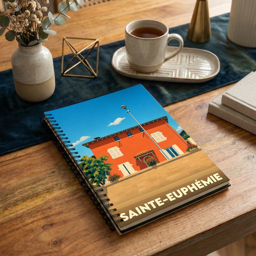 Carnet souvenir de la ville de Sainte-Euphémie avec une illustration stylisée d'une maison provençale.