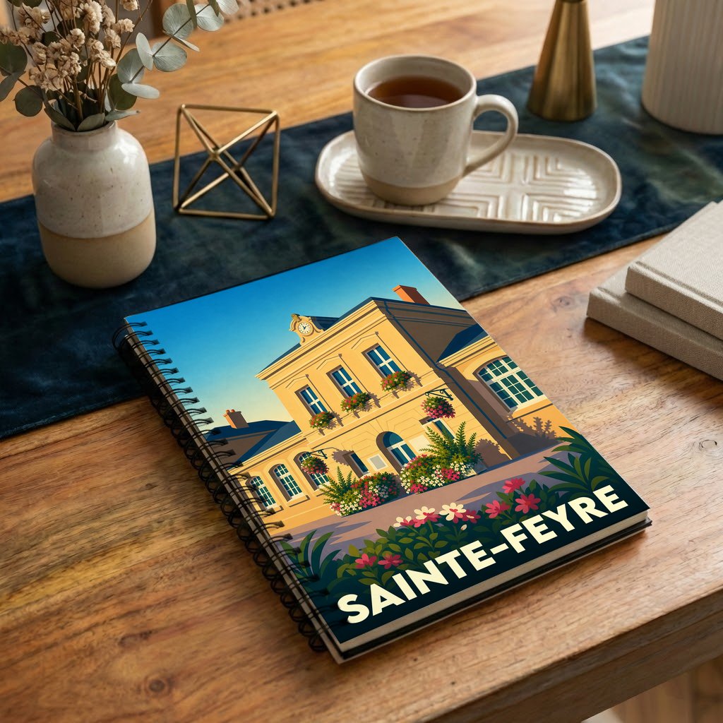 Carnet de notes souvenir de la ville de Sainte-Feyre avec une illustration colorée et stylisée de sa mairie.