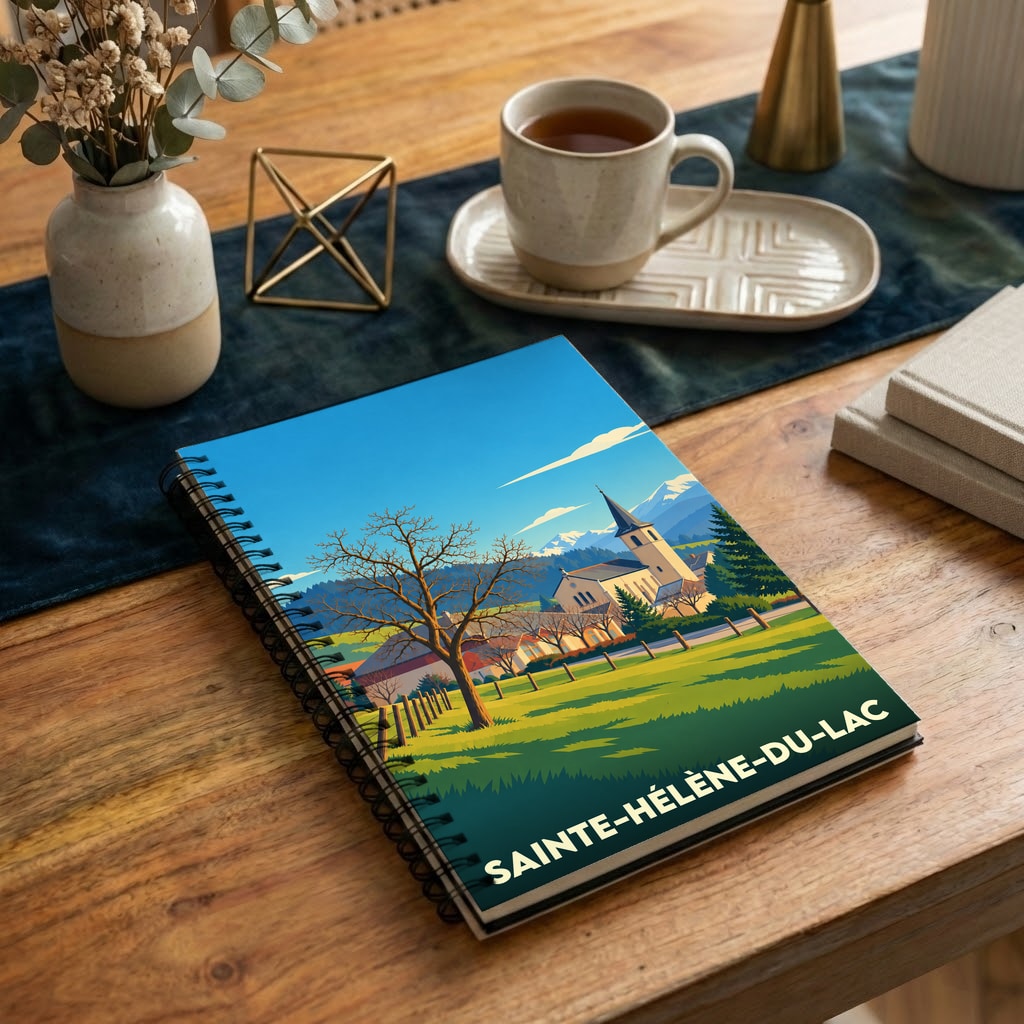 Carnet de notes à spirales souvenir de la ville de Sainte-Hélène-du-Lac avec une illustration stylisée de son église et des montagnes.