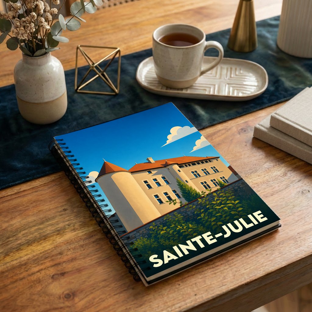Carnet à spirales souvenir de la ville de Sainte-Julie avec une illustration stylisée de son patrimoine.