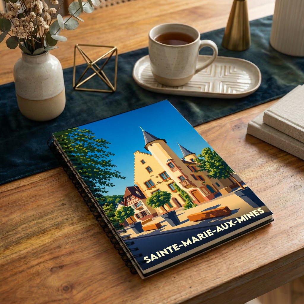 Carnet souvenir de la ville de Sainte-Marie-aux-Mines avec une illustration stylisée de son architecture traditionnelle.