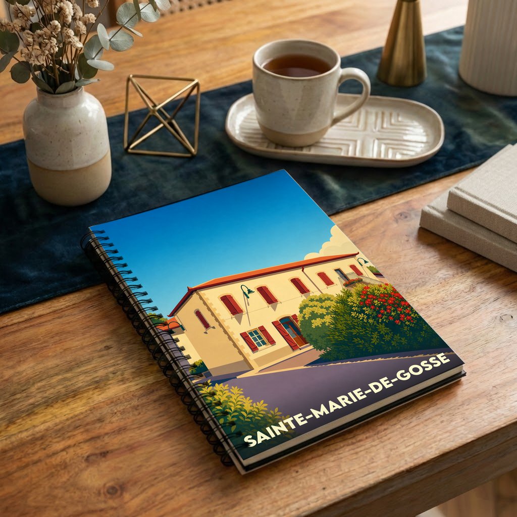 Carnet à spirales souvenir de la ville de Sainte-Marie-de-Gosse avec une illustration stylisée d'une maison landaise.