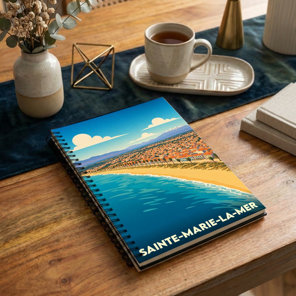 Carnet à spirales souvenir de Sainte-Marie-la-Mer avec une illustration stylisée du front de mer.