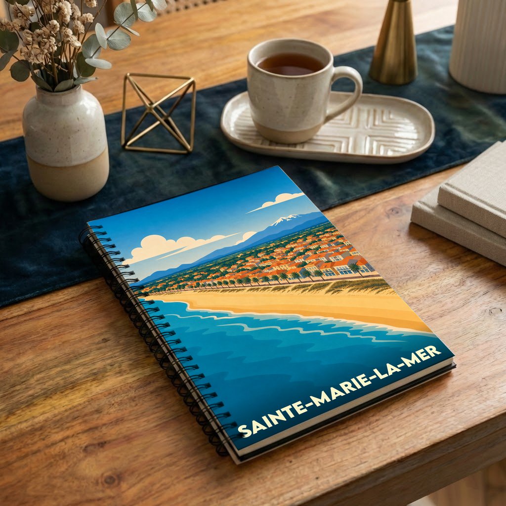 Carnet à spirales souvenir de la ville de Sainte-Marie-la-Mer avec une illustration stylisée de sa plage et de son front de mer.
