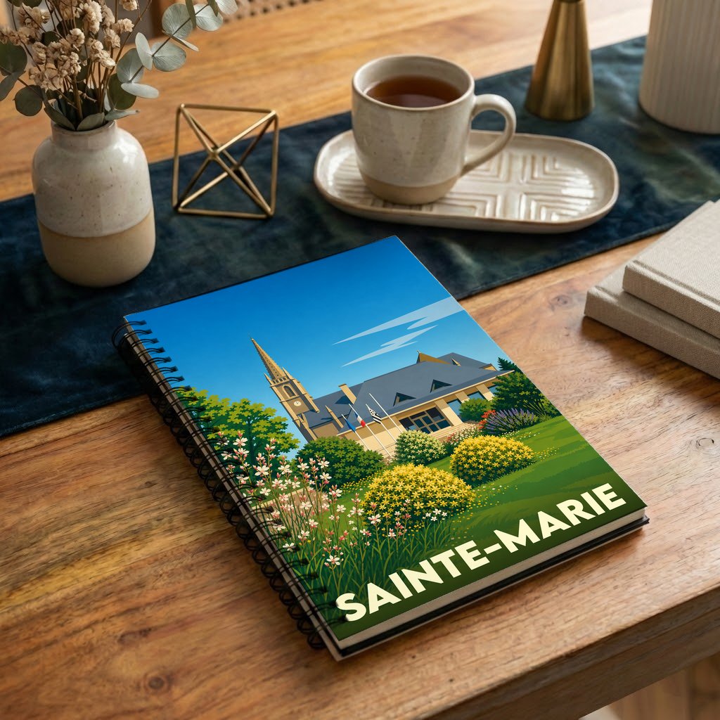 Carnet à spirales souvenir de la ville de Sainte-Marie avec une illustration stylisée d'un paysage urbain fleuri.