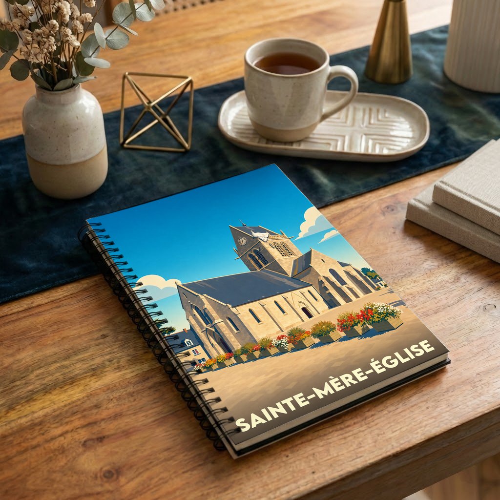 Carnet à spirales souvenir de Sainte-Mère-Église avec une illustration stylisée de son église emblématique.
