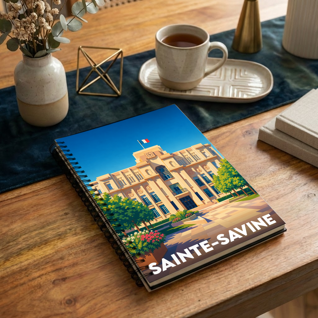 Carnet souvenir de la ville de Sainte-Savine avec une illustration stylisée de l'hôtel de ville.