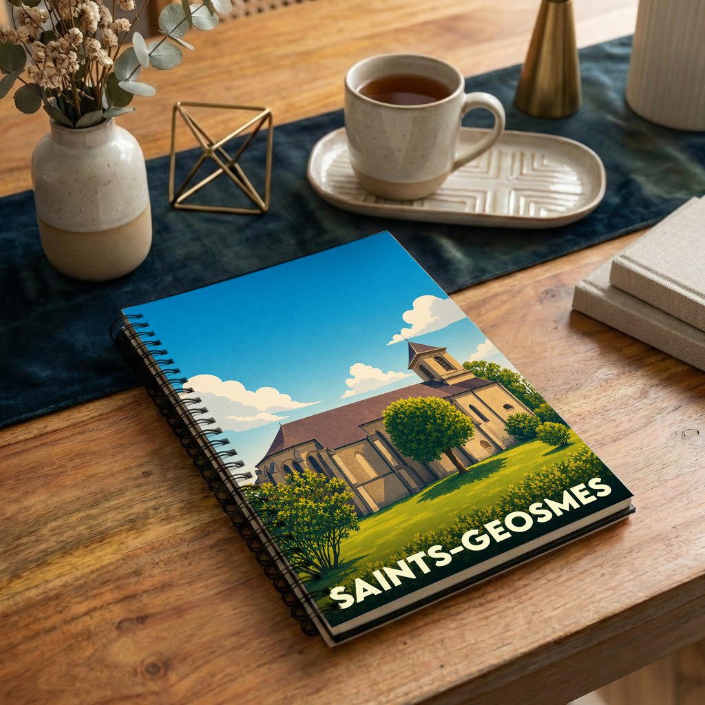 Carnet à spirales souvenir de la ville de Saints-Geosmes avec une illustration stylisée de son église.